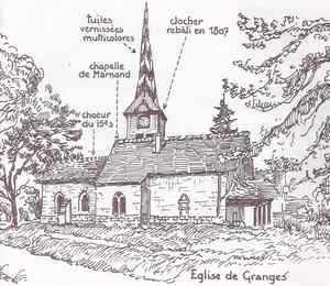 église de Granges avec son clocher de 1807 en tuiles vernissées multicolores